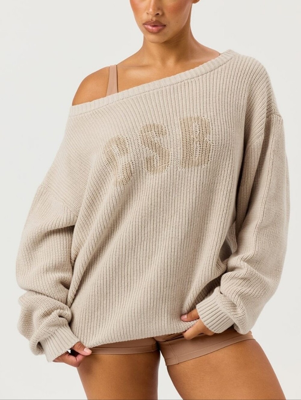 Crop Shop Boutique Off-Shoulder Knit Sweater - Oak, size Medium - Picture 2 of 7